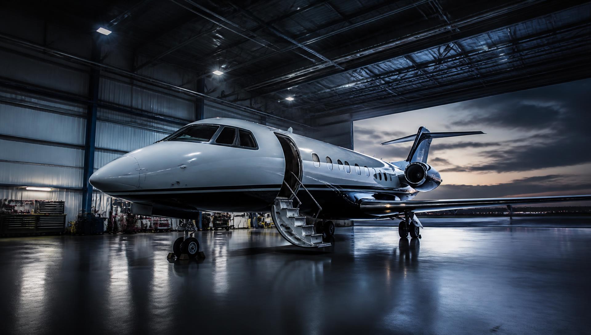 Business jet inside a maintenance hangar at dusk